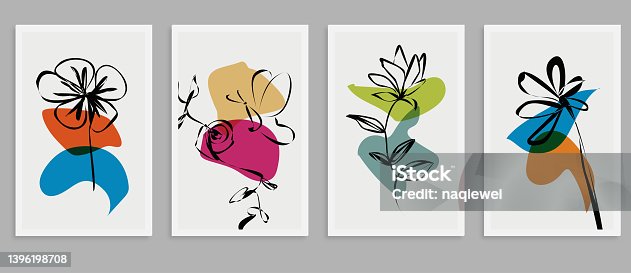 istock Vector set of creative minimalist hand drawn foliage flower and colors geometric element illustrations for wall decoration postcard or brochure cover card banner,Abstract Backgrounds Collection 1396198708