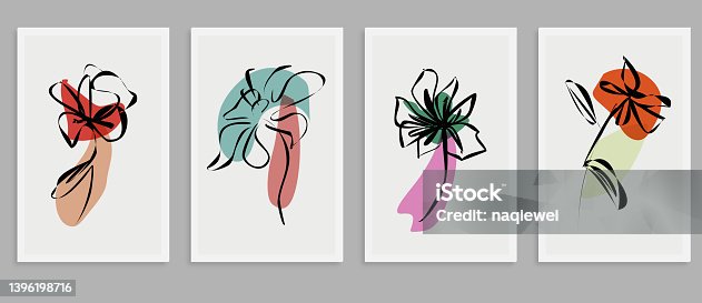 istock Vector set of creative minimalist hand drawn foliage flower and colors geometric element illustrations for wall decoration postcard or brochure cover card banner,Abstract Backgrounds Collection 1396198716