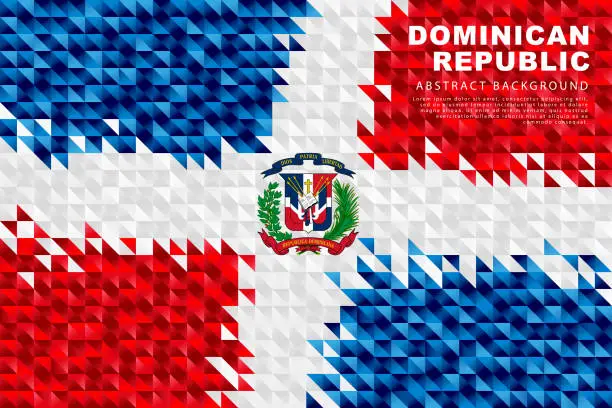 Vector illustration of Flag of the Dominican Republic. Abstract background of small triangles in the form of colorful blue, red and white stripes.
