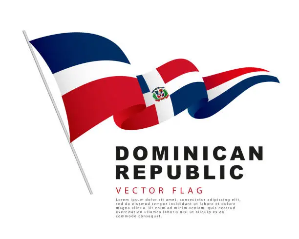 Vector illustration of The flag of the Dominican Republic hangs on a flagpole and flutters in the wind. Vector illustration