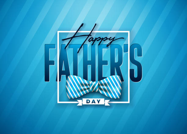 stockillustraties, clipart, cartoons en iconen met happy father's day greeting card design with striped bow tie and lettering on blue background. vector celebration illustration for dad. template for banner, flyer or poster. - fathers day