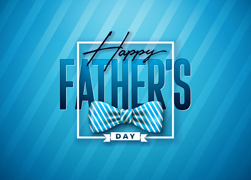 Happy Father's Day Greeting Card Design with Striped Bow Tie and Lettering on Blue Background. Vector Celebration Illustration for Dad. Template for Banner, Flyer or Poster