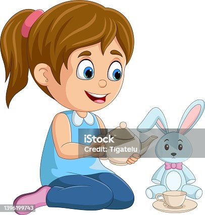 istock Cartoon little girl playing rabbit doll 1396199743
