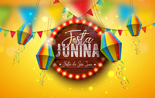 Festa Junina Illustration with Party Flags, Paper Lantern and Light Bulb Billboard Letter with Wood Background. Vector Brazil Sao Joao June Festival Design for Greeting Card, Banner or Holiday Poster