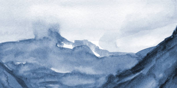 ilustrações, clipart, desenhos animados e ícones de pintura abstrata. textura de aquarela em azul monocromático cianotipo . paisagem da arte moderna. fundo pintado, conceito de céu, neve, gelo - soft focus