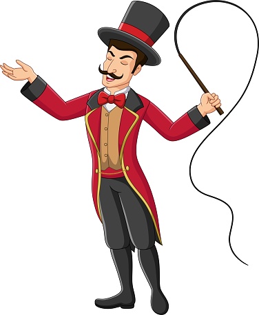 Vector illustration of Cartoon circus trainer holding a whip