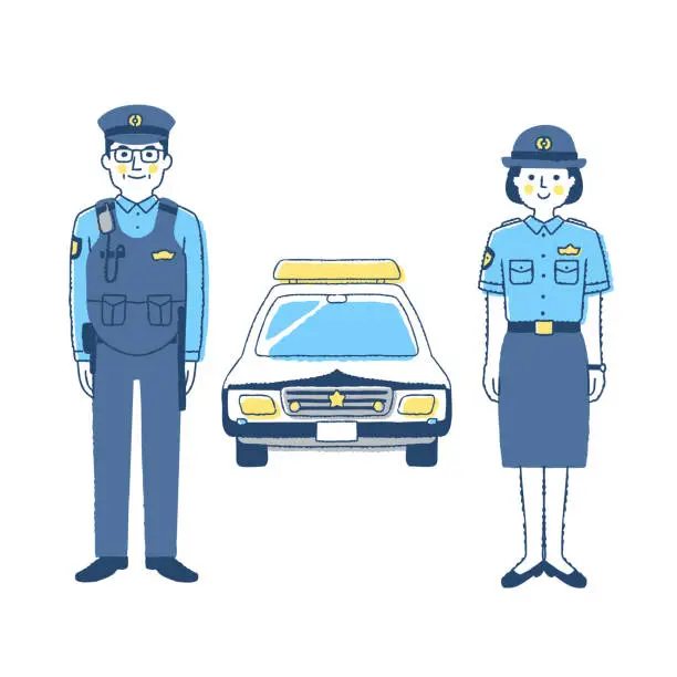 Vector illustration of Police officer men and women and police cars
