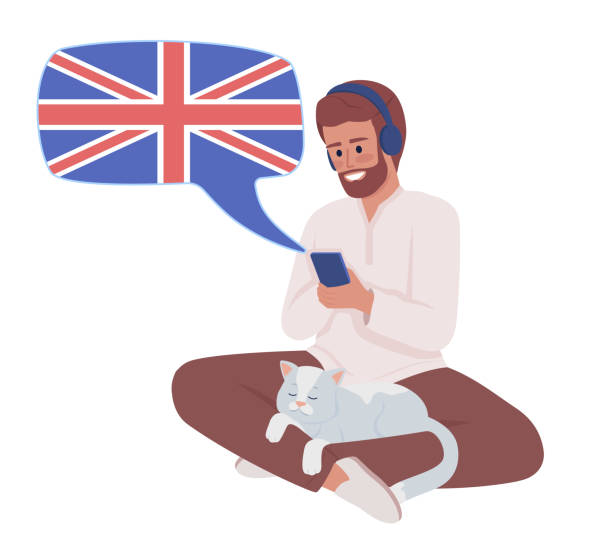 illustrazioni stock, clip art, cartoni animati e icone di tendenza di uomo che ascolta l'audio inglese britannico corso semi piatto colore carattere vettoriale - british culture audio