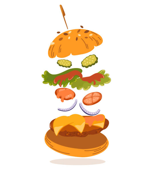 ilustraciones, imágenes clip art, dibujos animados e iconos de stock de hamburguesa. comida rápida. sabrosa hamburguesa con empanada de carne, queso, ensalada, cebolla, tomates y pepinos. ingredientes. perfecto para la impresión y animación de menús de restaurantes. ilustración vectorial de dibujos animados - illustration and painting sandwich hungry beef