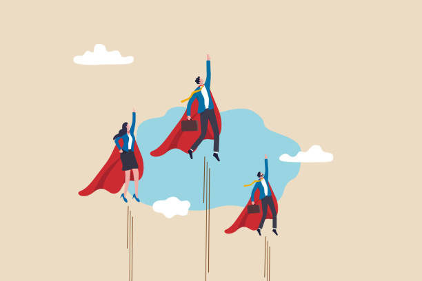 Professional people to help business success, teamwork or unity, super power to grow business fast, strength or team support concept, business people team members superhero flying high up in the sky. Professional people to help business success, teamwork or unity, super power to grow business fast, strength or team support concept, business people team members superhero flying high up in the sky. bold stock illustrations