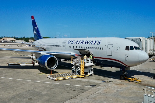 The plane taxiing on runway ready to take off