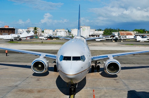 San Juan- Puerto Rico- October 26, 2011: A Boeing 737 Aircraft of United Airlines  was taxing in San Juan International Airport, Puerto Rico.