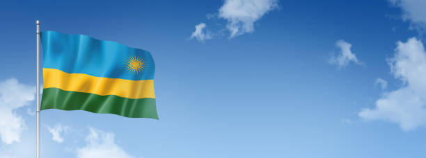 istock Rwanda flag isolated on a blue sky. Horizontal banner 1396204099