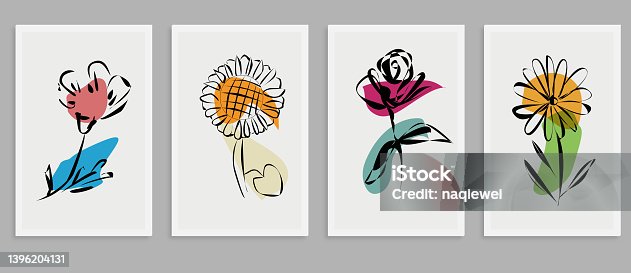 istock Vector set of creative minimalist hand drawn foliage flower and colors geometric element illustrations for wall decoration postcard or brochure cover card banner,Abstract Backgrounds Collection 1396204131