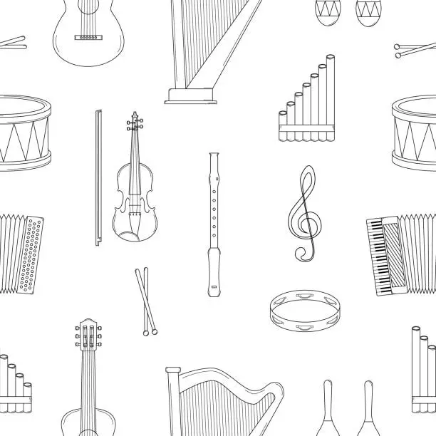 Vector illustration of Hand drawn seamless pattern with musical instruments. Doodle style. Sketch. Vector.