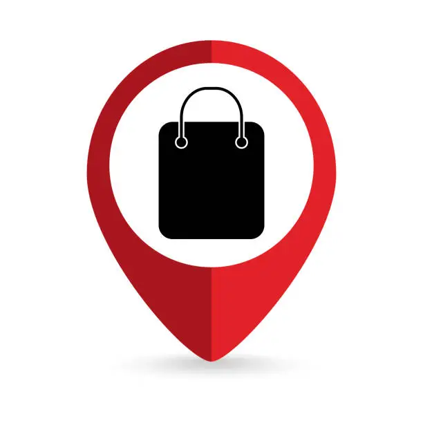 Vector illustration of Map pointer with Shopping bag icon. Vector illustration.