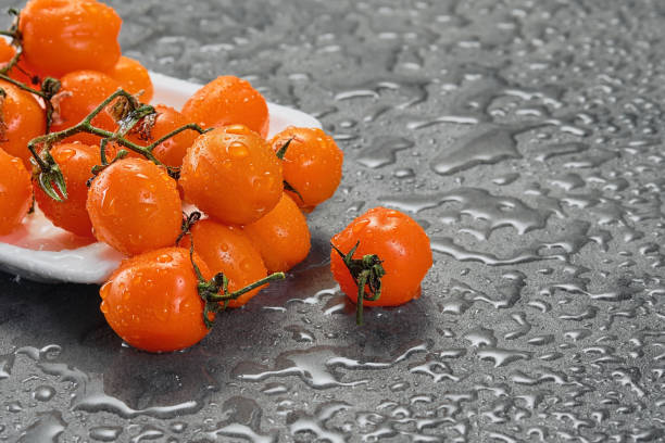 Orange cherry tomatoes in water drops on a gray table. Dark style, close-up with copy space. Ingredients for salad or dish with vegetables. selective focus stock photo