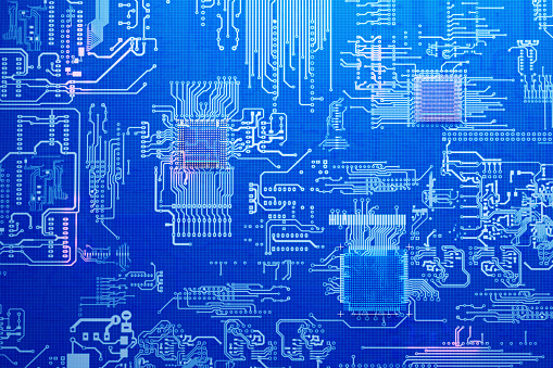 Blueprint of three computer chips on  board with visible working transistors layers, selective focus, CGI.