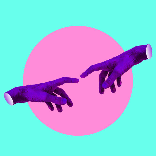 istock Bright painted purple hands touching by fingers in pink circle and light blue background. Contemporary art collage. Connecting people. 1396207441