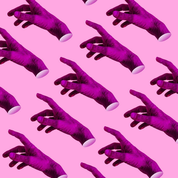 istock Pattern of bright painted purple hands on pink background. Contemporary art collage. 1396207474