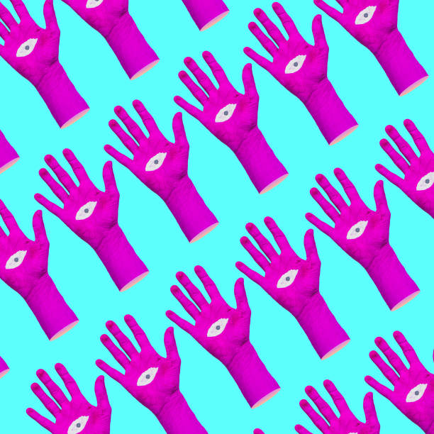 istock Pattern of bright painted pink palm hands with eye in the middle on blue background. Contemporary art collage. Minimalism. 1396207475