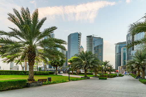 Beautiful view of a park among skyscrapers at downtown of Dubai.