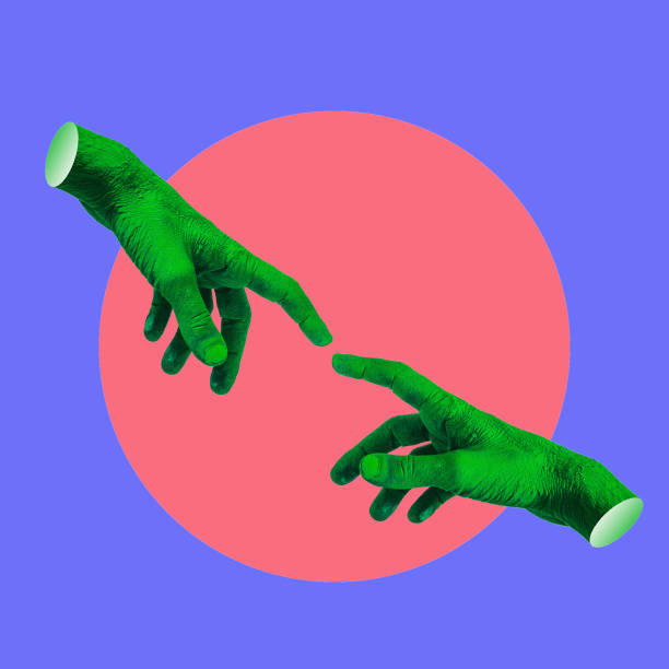 istock Bright painted green hands touching by fingers in orange circle and blue background. Contemporary art collage. Connecting people. 1396207550