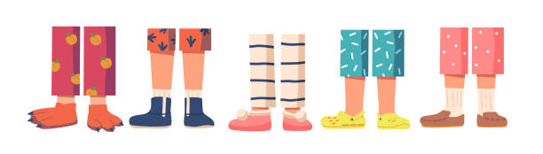 Children Legs in Pajamas and Funny Slippers. Kids Feet Wear Colorful Home Pants and Animal Paws, Textile Footwear Children Legs in Pajamas and Funny Slippers. Kids Feet Wear Colorful Home Pants and Animal Paws, Textile Footwear with Pompons, Beach Shoes, Pajama Party Concept. Cartoon Vector Illustration pajamas illustrations stock illustrations