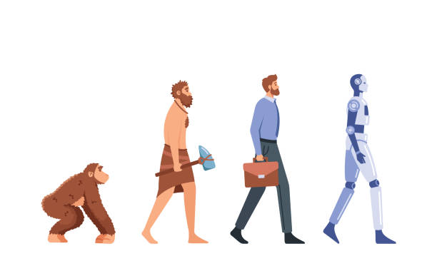 ilustrações, clipart, desenhos animados e ícones de evolução humana, conceito de desenvolvimento da humanidade. macaco, homem das cavernas, homem de negócios, ciborgue. evolução do personagem masculino - mankind