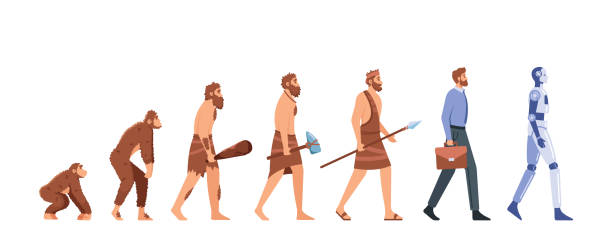 Human Evolution from Monkey to Cyborg Timeline Isolated on White Background. Male Character Evolve Steps, Darwin Theory Human Evolution from Monkey to Cyborg Timeline Isolated on White Background. Male Character Evolve Steps From Ape to Upright Homo Sapiens, Manager and Robot. Darwin Theory Cartoon Vector Illustration robot clipart stock illustrations