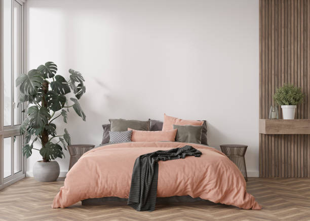 istock Empty white wall in modern and cozy bedroom. Mock up interior in contemporary style. Free, copy space for your picture, text, or another design. Bed, plant. 3D rendering. 1396213964