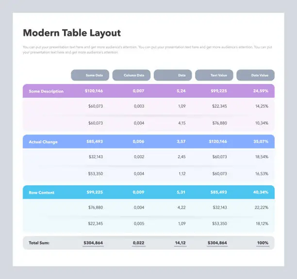 Vector illustration of Modern table layout template with a total sum row