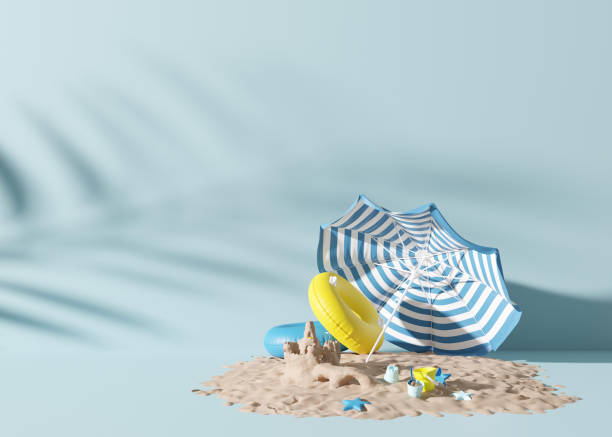 istock Summer, vacation background. Blue color, sand and beach accessories. Backdrop for advertising. Free, copy space for your text. Holiday, travel, relax concept. 3D rendering. 1396215300