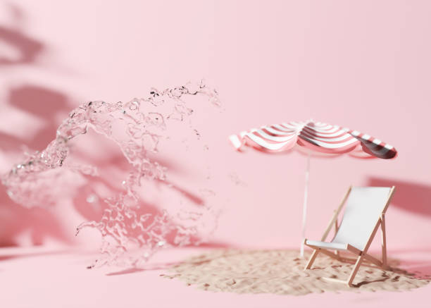 istock Summer, vacation background. Pink color, water, sand and beach accessories. Backdrop for advertising. Free, copy space for your text. Holiday, travel, relax concept. 3D rendering. 1396215337