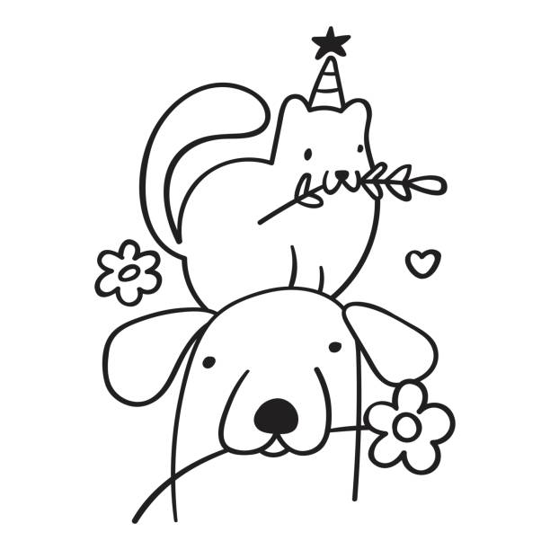 ilustrações, clipart, desenhos animados e ícones de gato sentar em cachorro. animais amigos com flores. - dog domestic cat pets cartoon