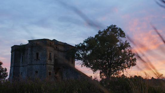 Defensive vintage castle of San Fili near Caulonia city in Calabria region. Aerial shoot.