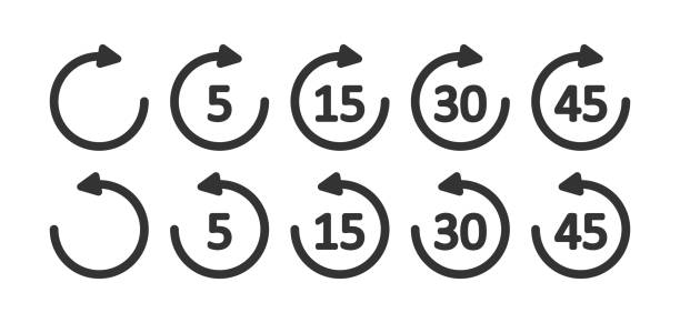 Rewind 5, 10, 15, 30, 45 second icon.  Replay symbol. Sign media player control vector. Rewind 5, 10, 15, 30, 45 second icon.  Replay illustration symbol. Sign media player control vector. five minutes stock illustrations