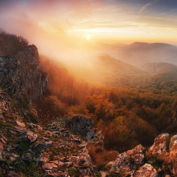 Majestic sunset in the mountains landscape with sunny beams. Dramatic scene. Carpathian, Slovakia, Europe.