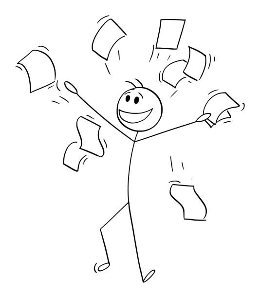 illustrations, cliparts, dessins animés et icônes de personne heureuse ou homme d’affaires souriant et jetant des papiers en l’air, illustration de figurine vectorielle de bâton de dessin animé - image smiley gratuit
