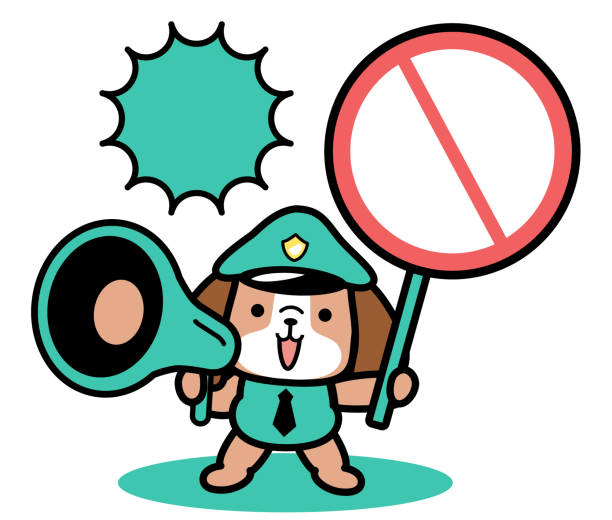 ilustrações, clipart, desenhos animados e ícones de um policial de cachorro bonito anunciando através de um megafone e segurando um sinal de proibição ou nenhum símbolo - working late