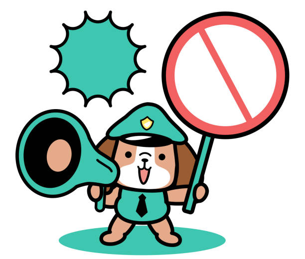 A cute dog police officer announcing through a megaphone and holding a prohibition sign or No symbol Cute animal characters vector art illustration.
A cute dog police officer announcing through a megaphone and holding a prohibition sign or No symbol. rescue dogs stock illustrations