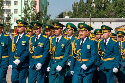 Bishkek, Kyrgyzstan - May 9, 2022: Kyrgyzstan army forces marching during a military parade on Victory Day