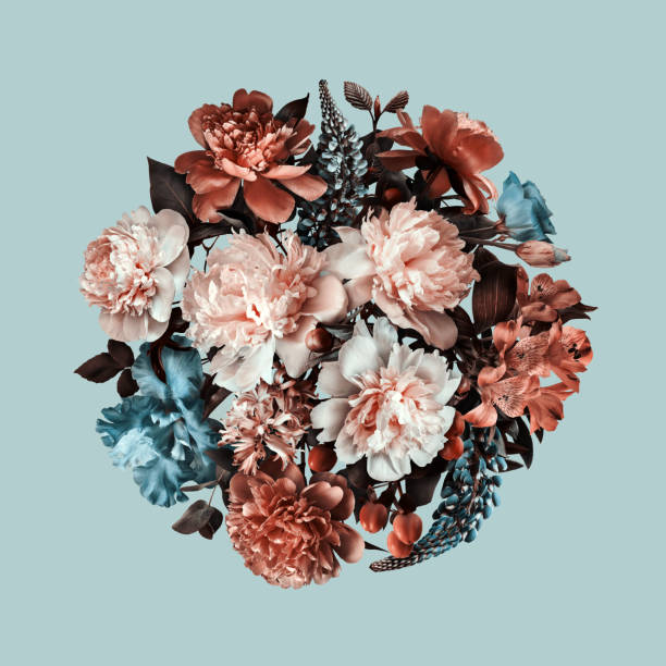 Floral collage in blue and brown colors. Digital art.