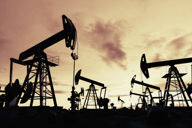 istock Oil pump jack work on oilfield petroleum extraction 1396221887