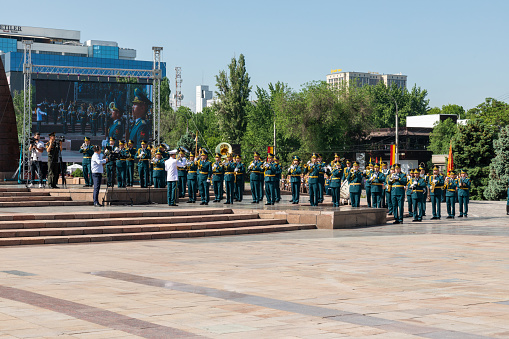 Bishkek, Kyrgyzstan - May 9, 2022: Military band during Victory Day on a square