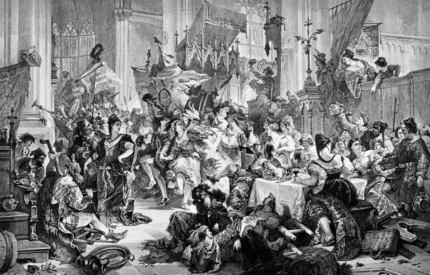 Before fasting for 40 days, the believers could celebrate, feast and drink with relish - in churches. There were very practical reasons for this: Food such as meat, fat and eggs had to be eaten before fasting, otherwise they would spoil during the fasting period. On the other hand, the church was pursuing a didactic goal with this boisterous activity: Augustine had already distinguished between the "civitas diaboli" (the kingdom of the devil) and the "civitas dei" (the kingdom of God). So during Shrovetide people should indulge in the "civitas diaboli" in order to turn around on Ash Wednesday and join the "civitas dei". Illustration from 19th century.