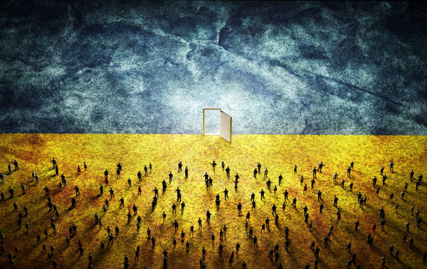 People on Ukraine flag walking to open door