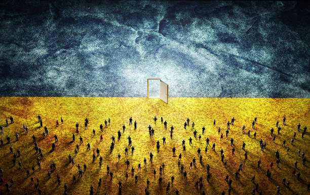 People on Ukraine flag walking to open door People on Ukraine flag walking to open door. Ukrainian society together, refugees concept. 3D illustration ukrainian language stock pictures, royalty-free photos & images