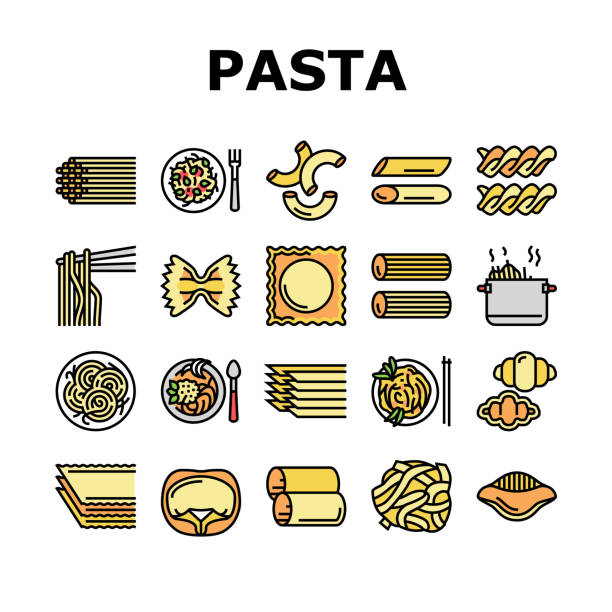 ilustrações de stock, clip art, desenhos animados e ícones de pasta delicious food meal cooking icons set vector - chef appetizer soup food