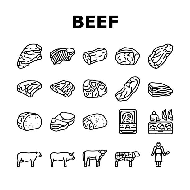 Beef Meat Nutrition Production Icons Set Vector Beef Meat Nutrition Production Icons Set Vector. Shank And Steak, Chuck And Round, Bacon And Ham Beef Meat In Package, Bbq Fried And Grilled Food Cooked From Farm Animal Black Contour Illustrations pork loin stock illustrations